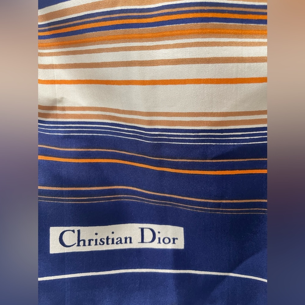 Christian DIOR Rare Vintage Rectangular Blue/Orange/Tan/White Striped Silk Scarf